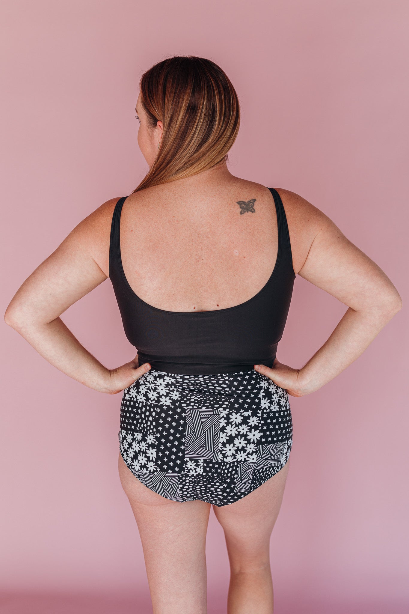 Ruched High Waisted Bottoms Black & White Patch