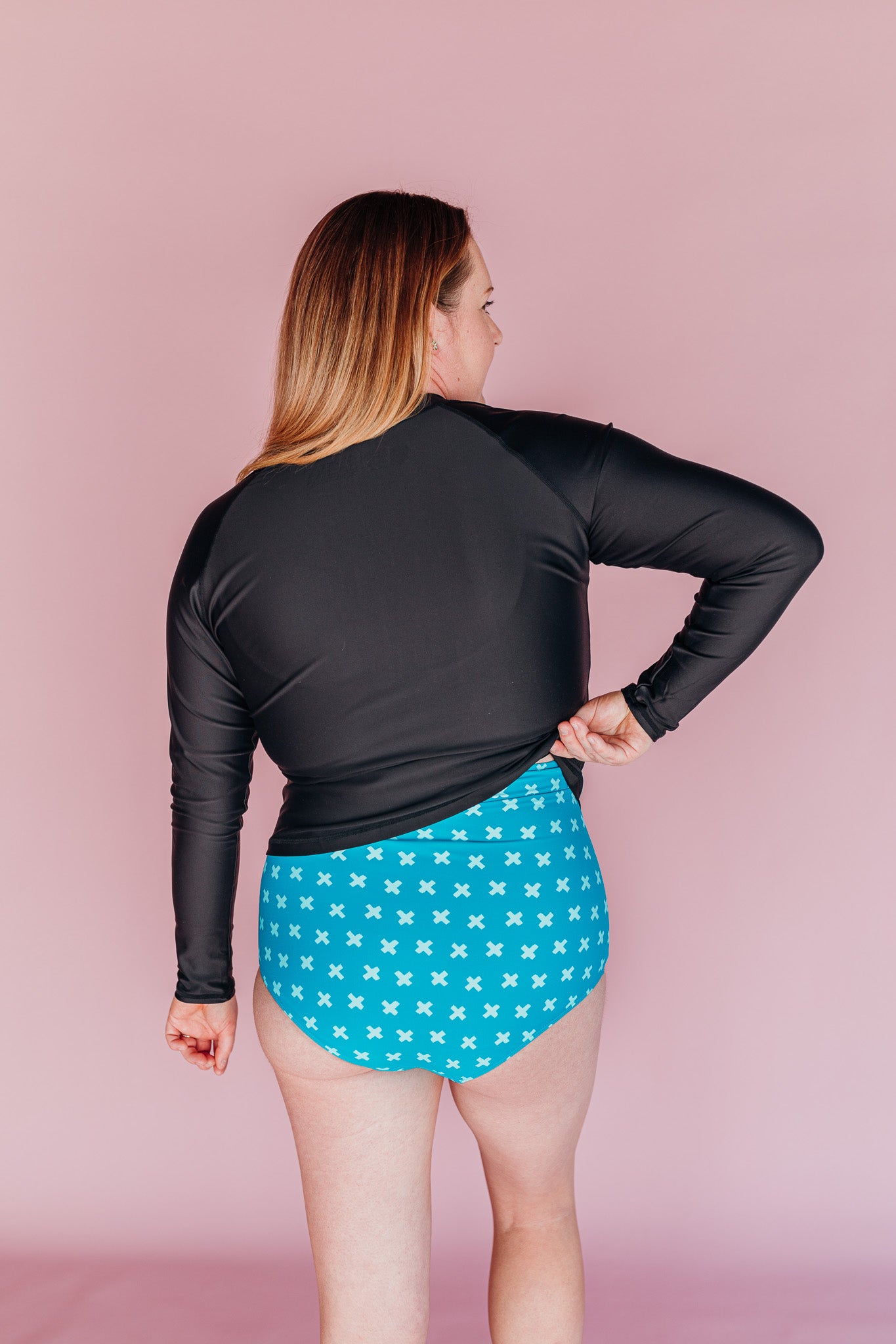 Ruched High Waisted Bottoms Teal Crosses