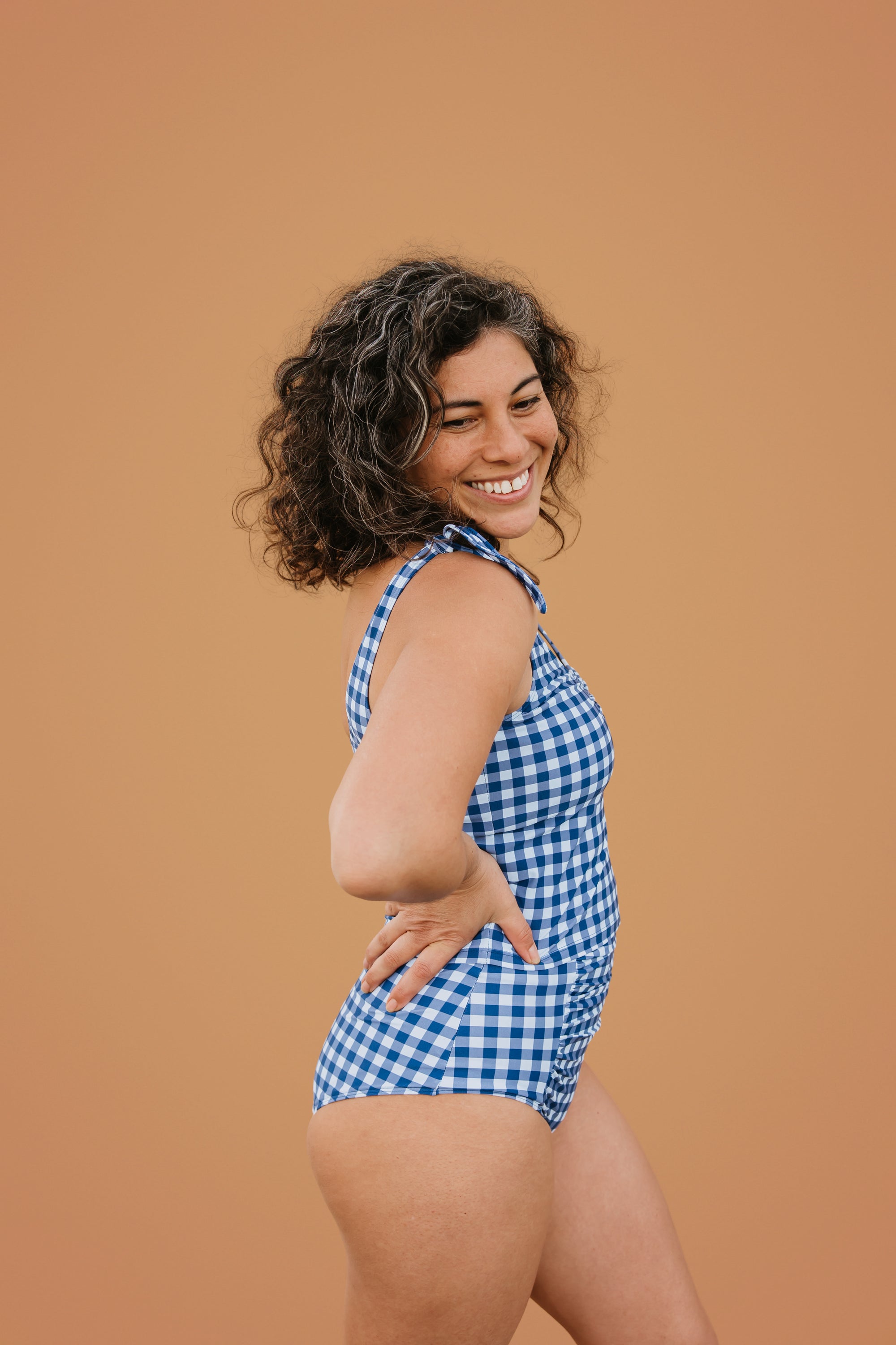PRE-ORDER: Ruched High Waisted Bottoms Blueberry Check