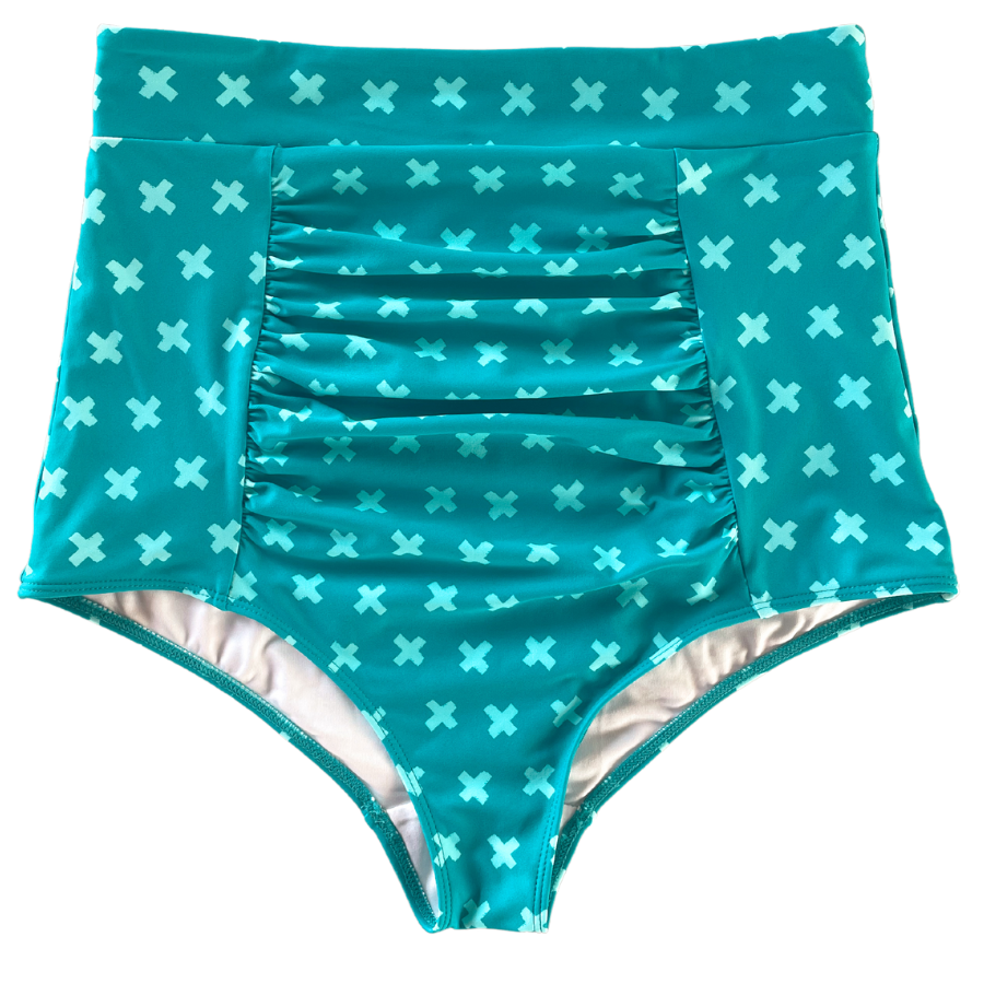 Ruched High Waisted Bottoms Teal Crosses
