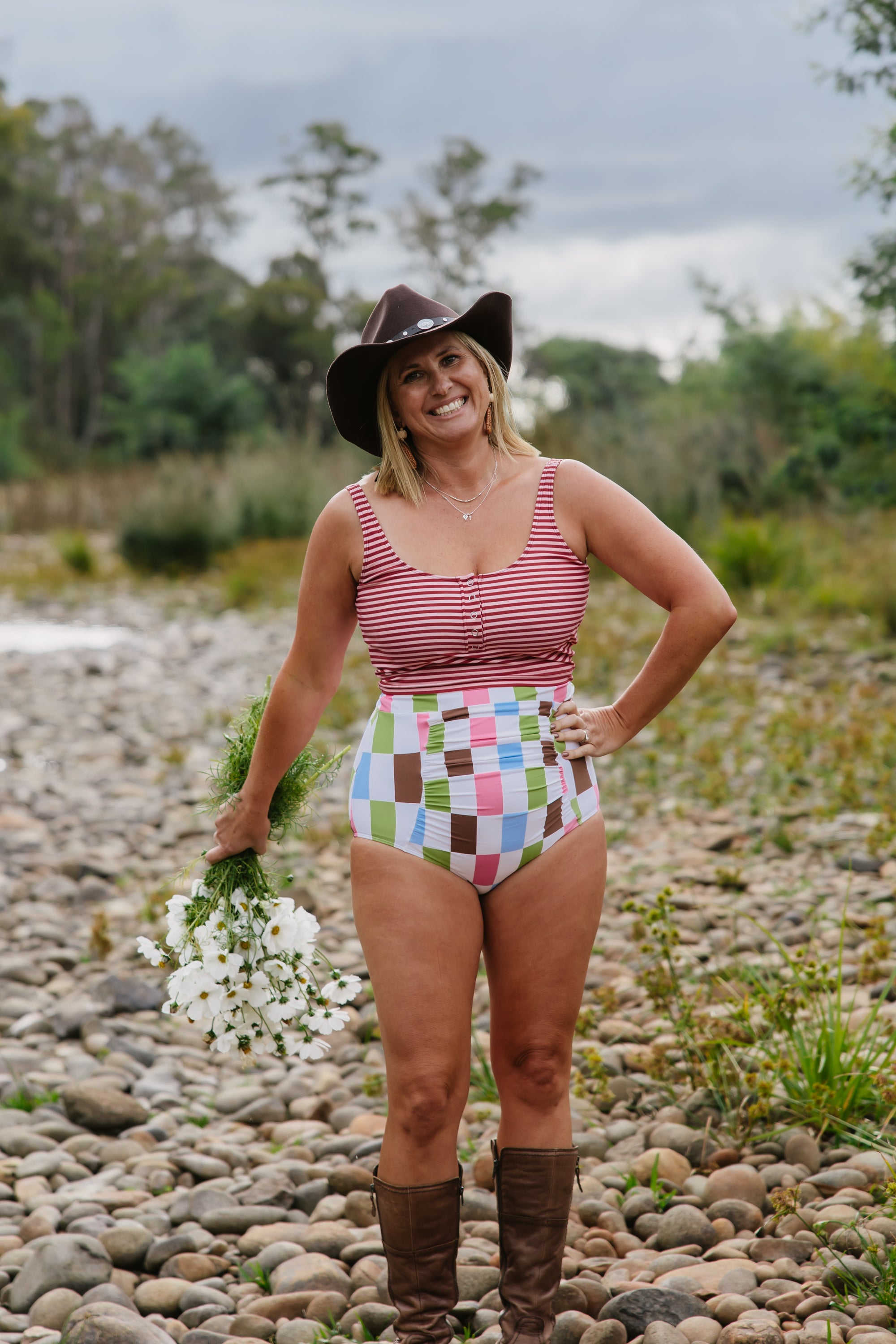 Ruched High Waisted Bottoms Vintage Patch